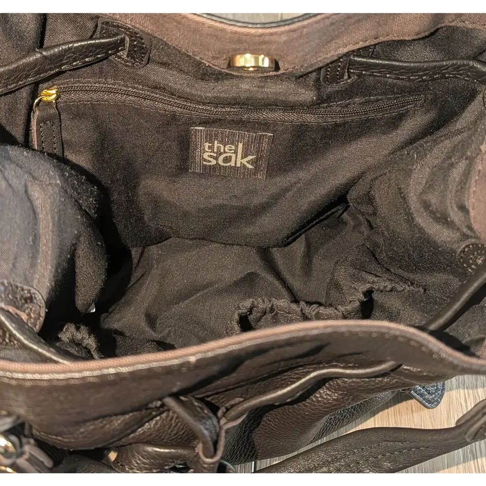 The Sak Kedzie Brown Pebbled Leather Bucket Hobo Bag Gold Hardware